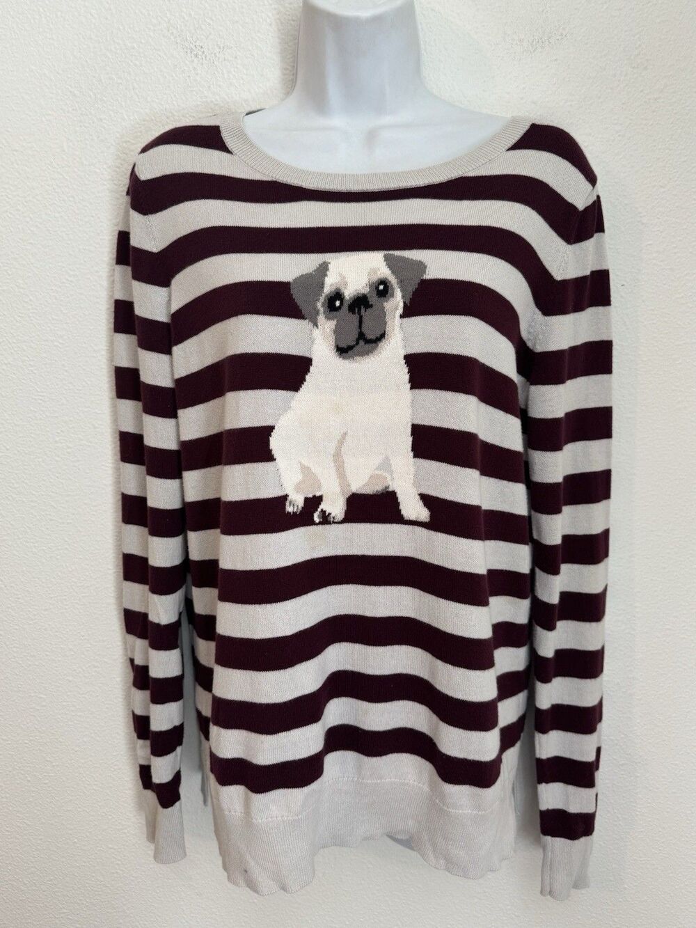 LOFT Womens M Pug Dog Sweater Burgundy Gray Striped Pullover Crewneck Fall